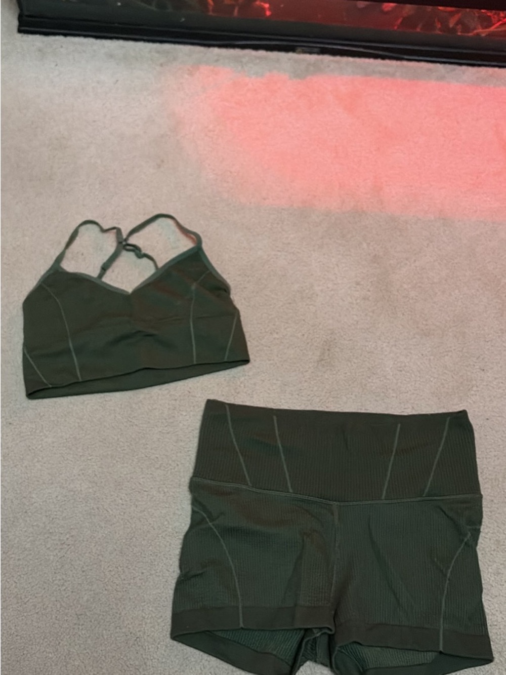 Aerie Olive Green Ribbed Sports Bralette & High-Waist Shorts